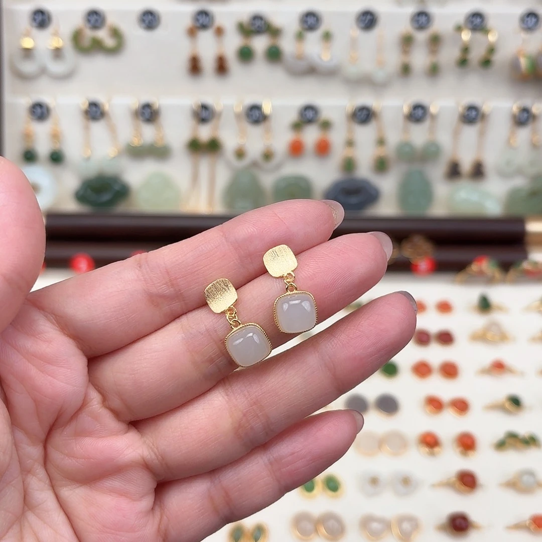 银S925镶嵌和田玉耳饰