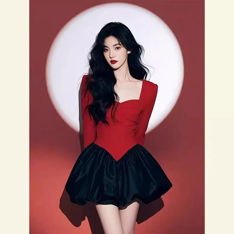 春季冷淡系独特别致法式富家千金风miu系蓬蓬裙红色拼接连衣裙子