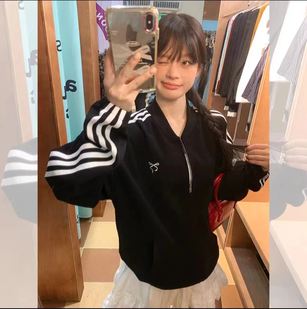 清清 宋正恩韩系黑色条纹卫衣外套女蝴蝶结宽松棒球服AA9196