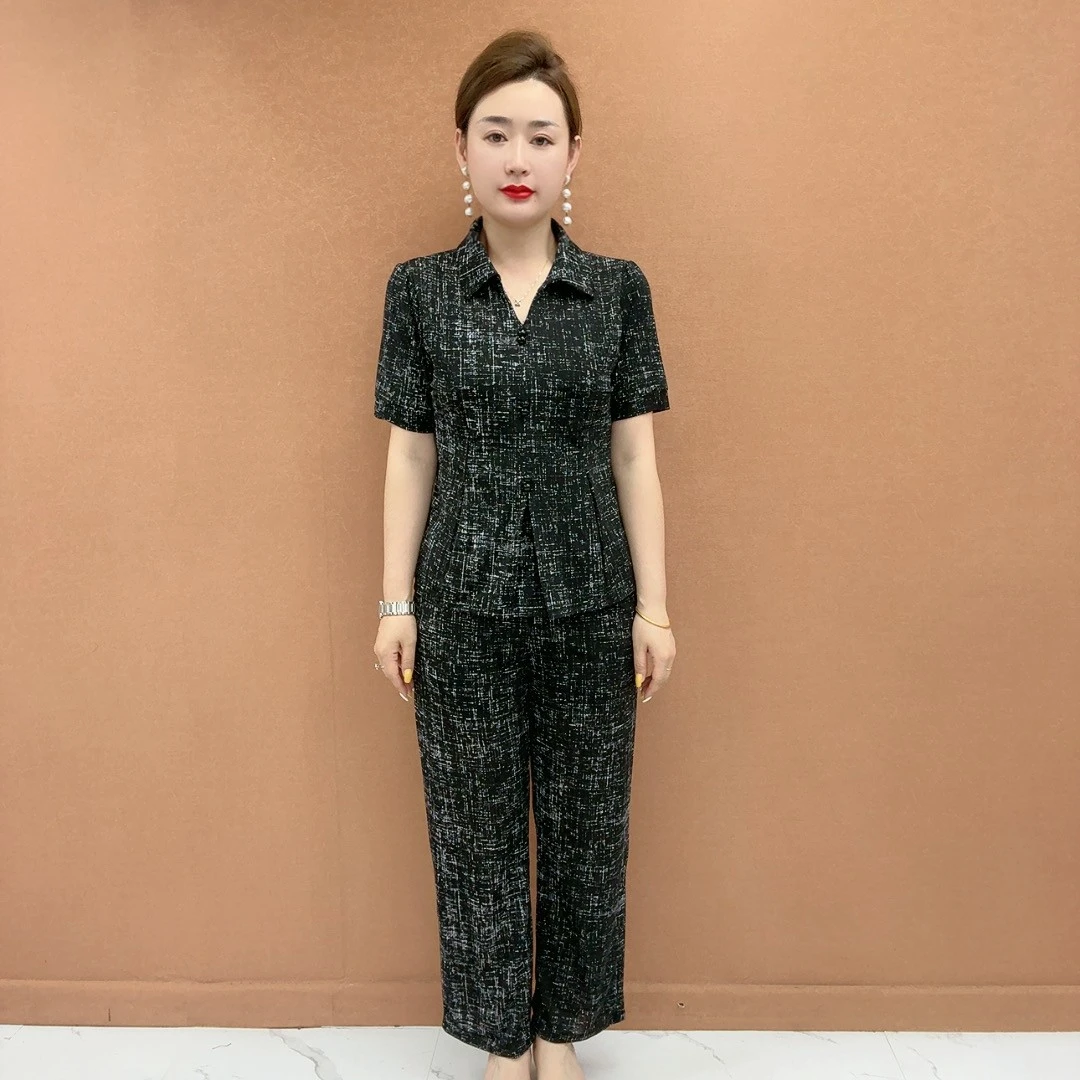 高品质妈妈装时尚短袖套装中年女夏季衬衣领上衣裤子洋气两件套