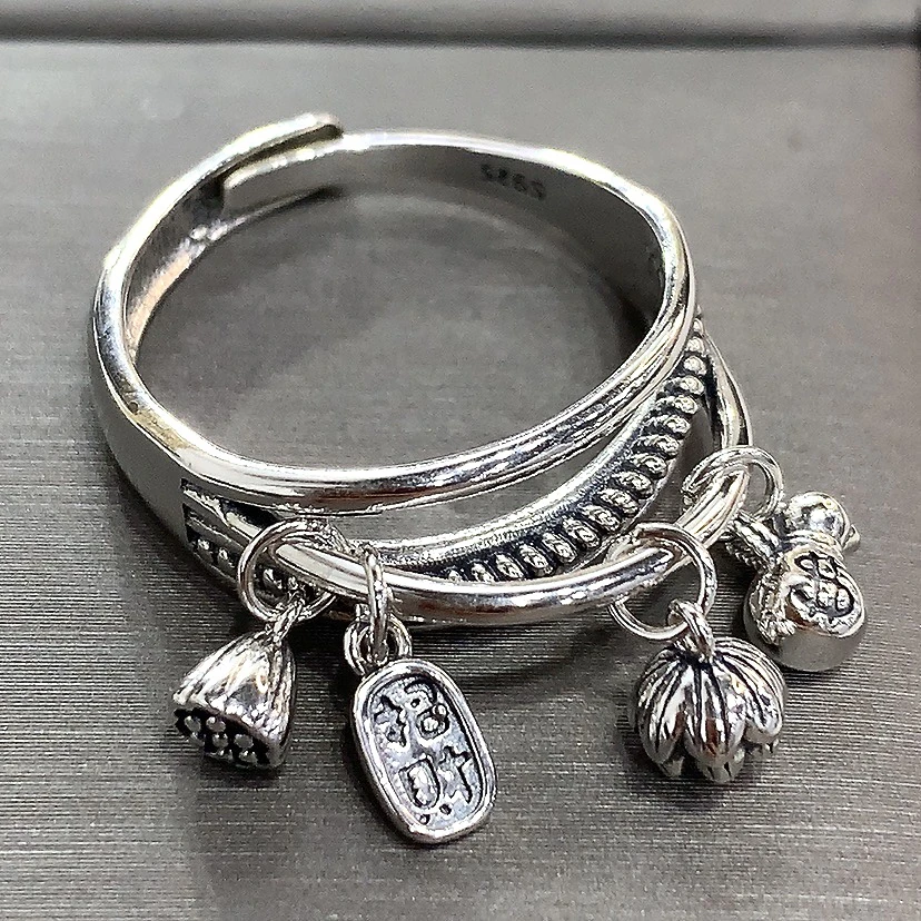 925银戒指 复古两世欢钱袋吊坠戒指