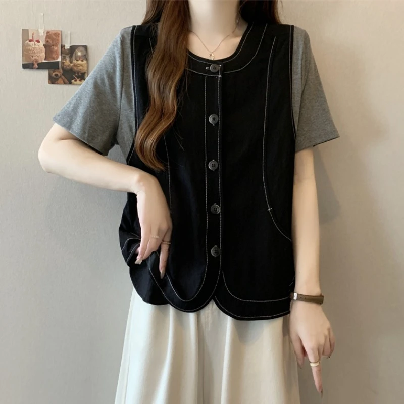 大码假两件正肩短袖T恤女夏季新款胖MM宽松显瘦百搭洋气明线上衣