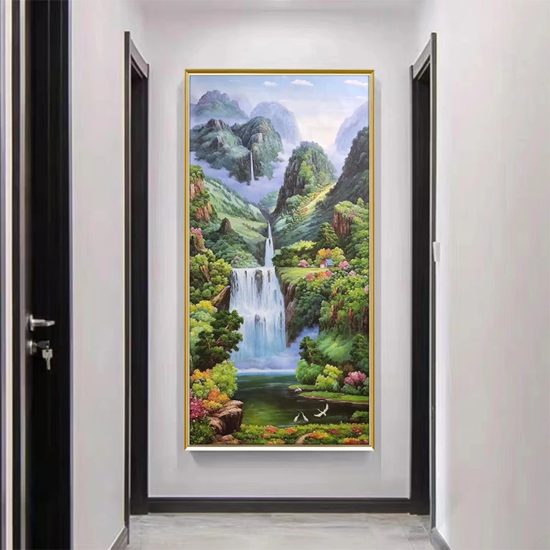 【聚宝盆】手绘油画玄关装饰画美式风景山水画走廊挂画轻奢壁画