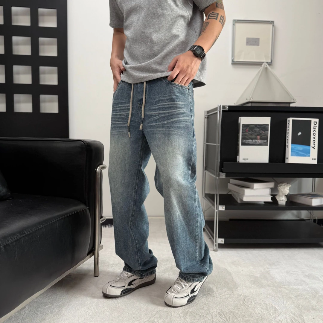 2026美式复古水洗蓝色牛仔裤男宽松直筒长裤简约休闲裤时尚百搭潮