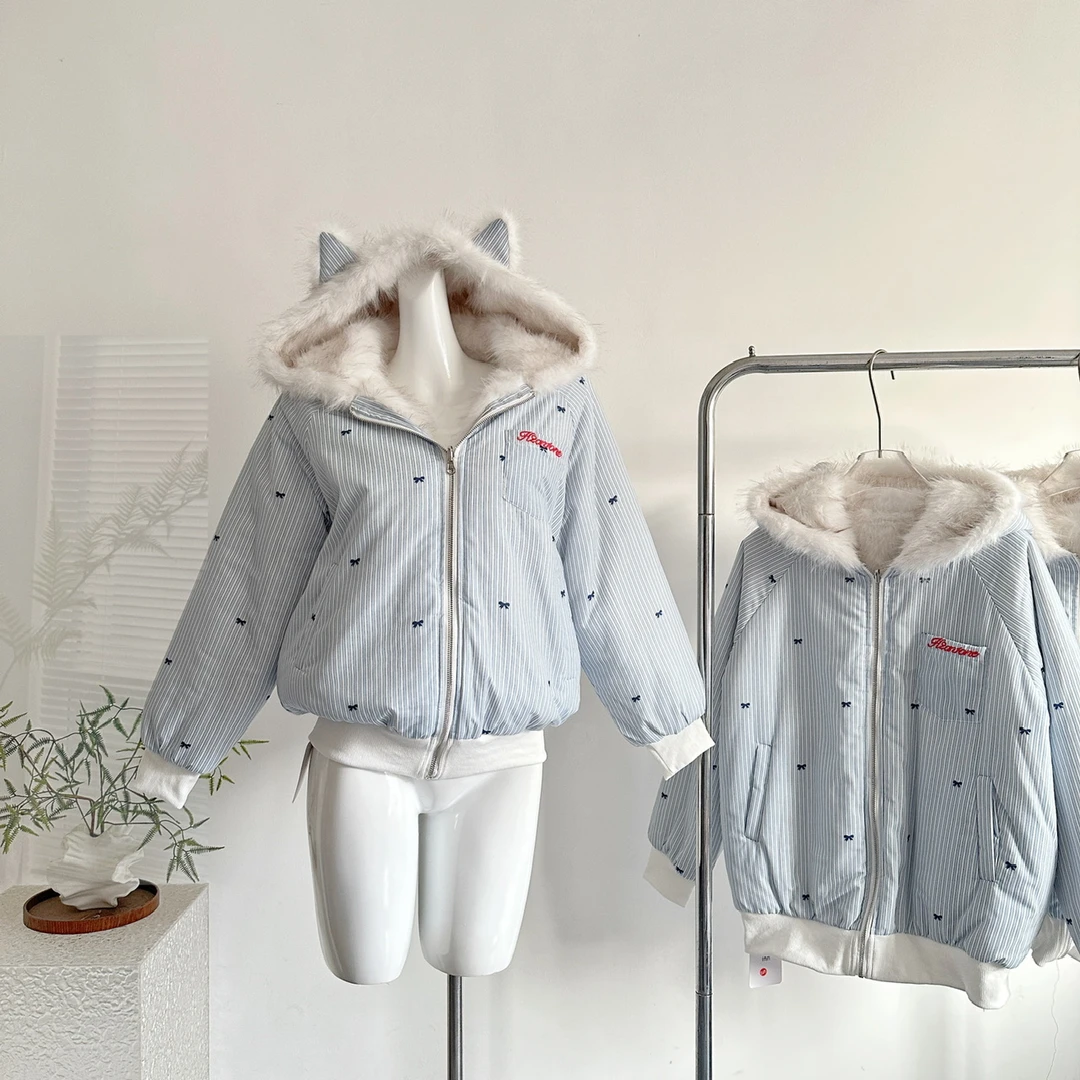 秋冬加厚双面棉袄连帽仿羊羔毛 毛领棉衣棉服夹棉外套女