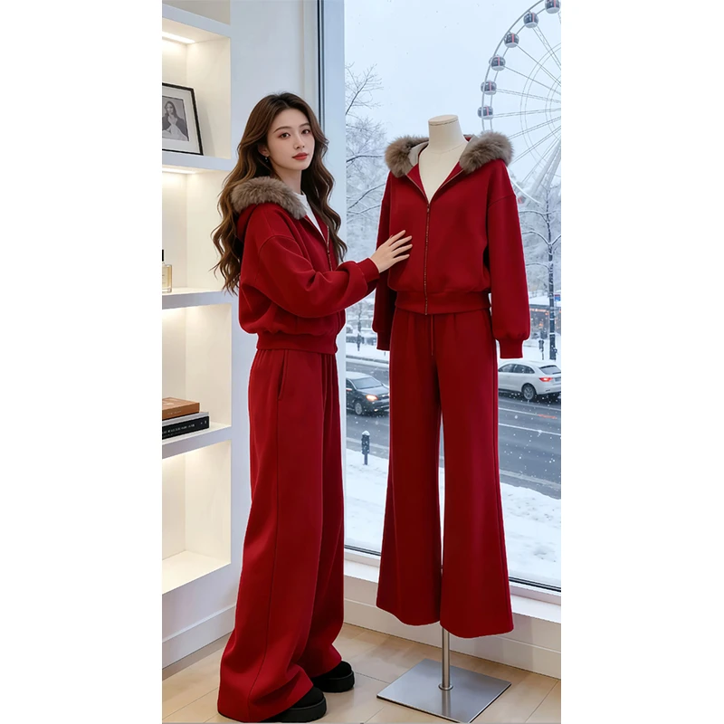 霖优【霓虹梦境】本命年红色运动套装女冬毛领加绒卫衣阔腿裤两件套