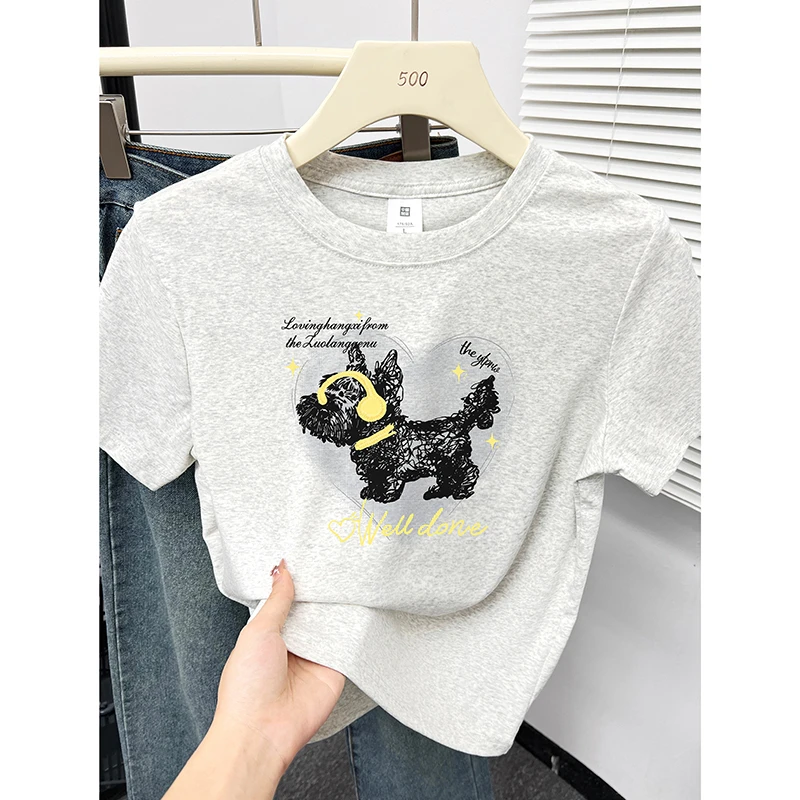 小众圆领正肩短袖t恤女2025新款夏季狗狗印花圆领百搭半袖上衣潮