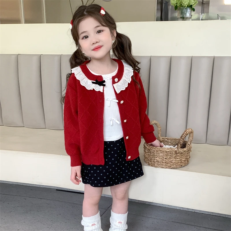 女童秋装洋气蕾丝花边蝴蝶结针织开衫2025新款儿童小女孩百搭外套