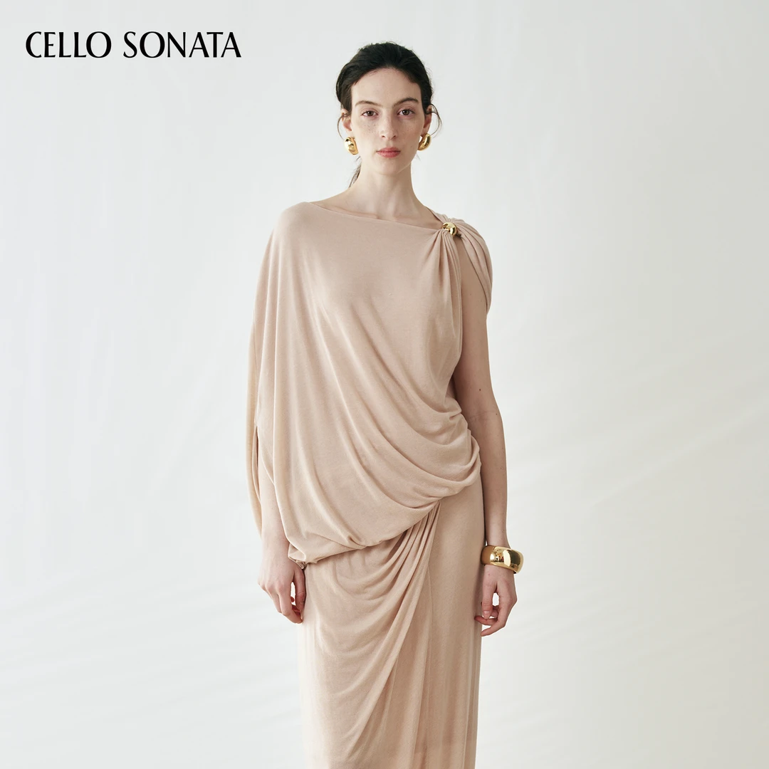 【新款】Cello Sonata 25秋 杏色无袖天丝不规则金珠针织斗篷上衣