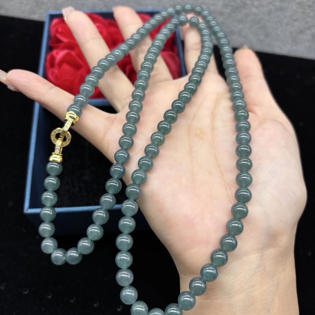 高端天然翡翠A货冰种蓝水圆珠7mm玉石挂件绳108颗长链毛衣链珠链