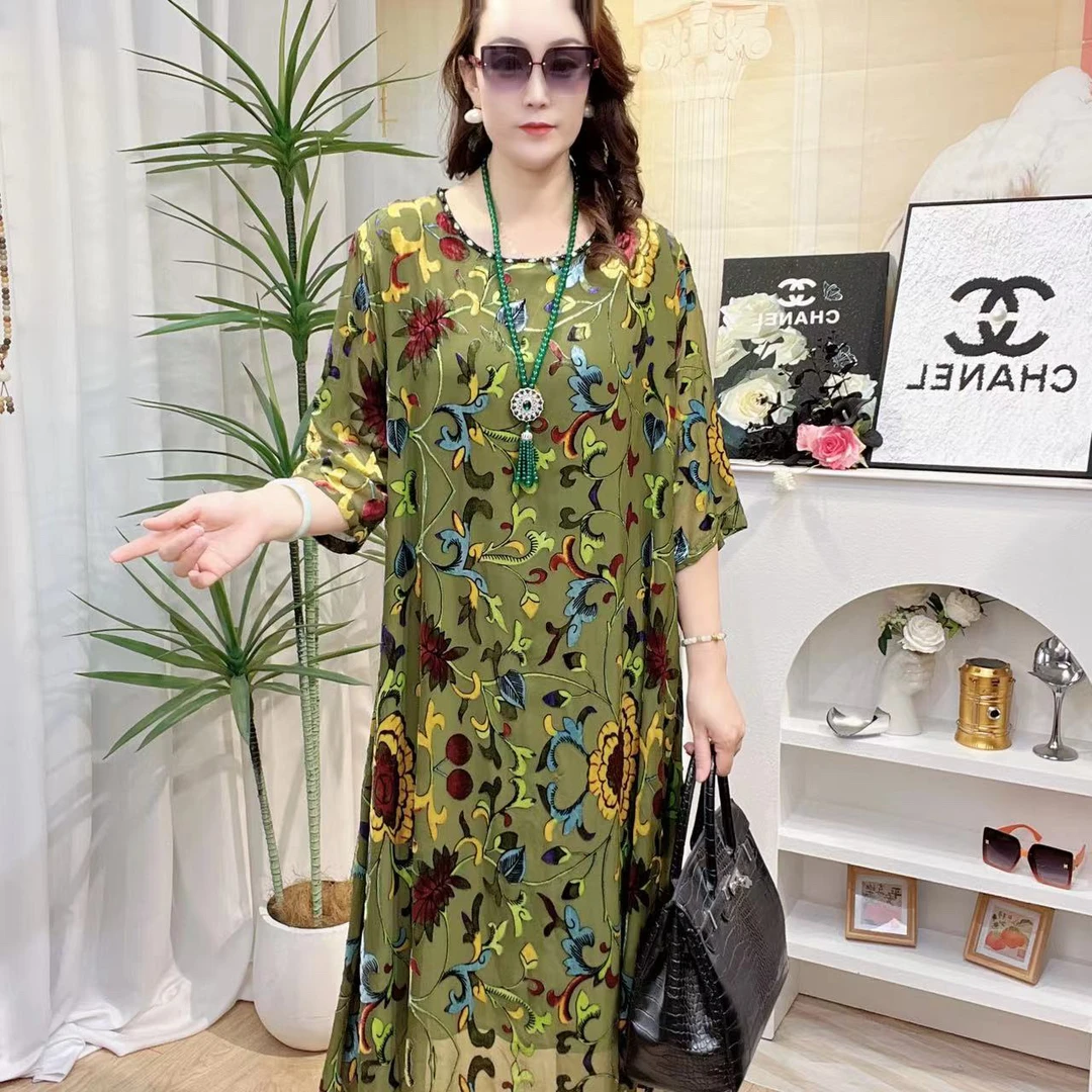馨雅严选 植绒烧花圆领优雅气质连衣裙妈妈装