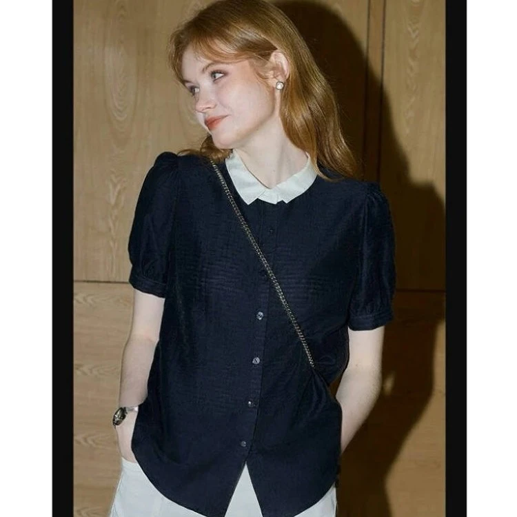 SS1142法式撞色短袖衬衫女夏新款设计感翻领通勤衬衣百搭气质小衫