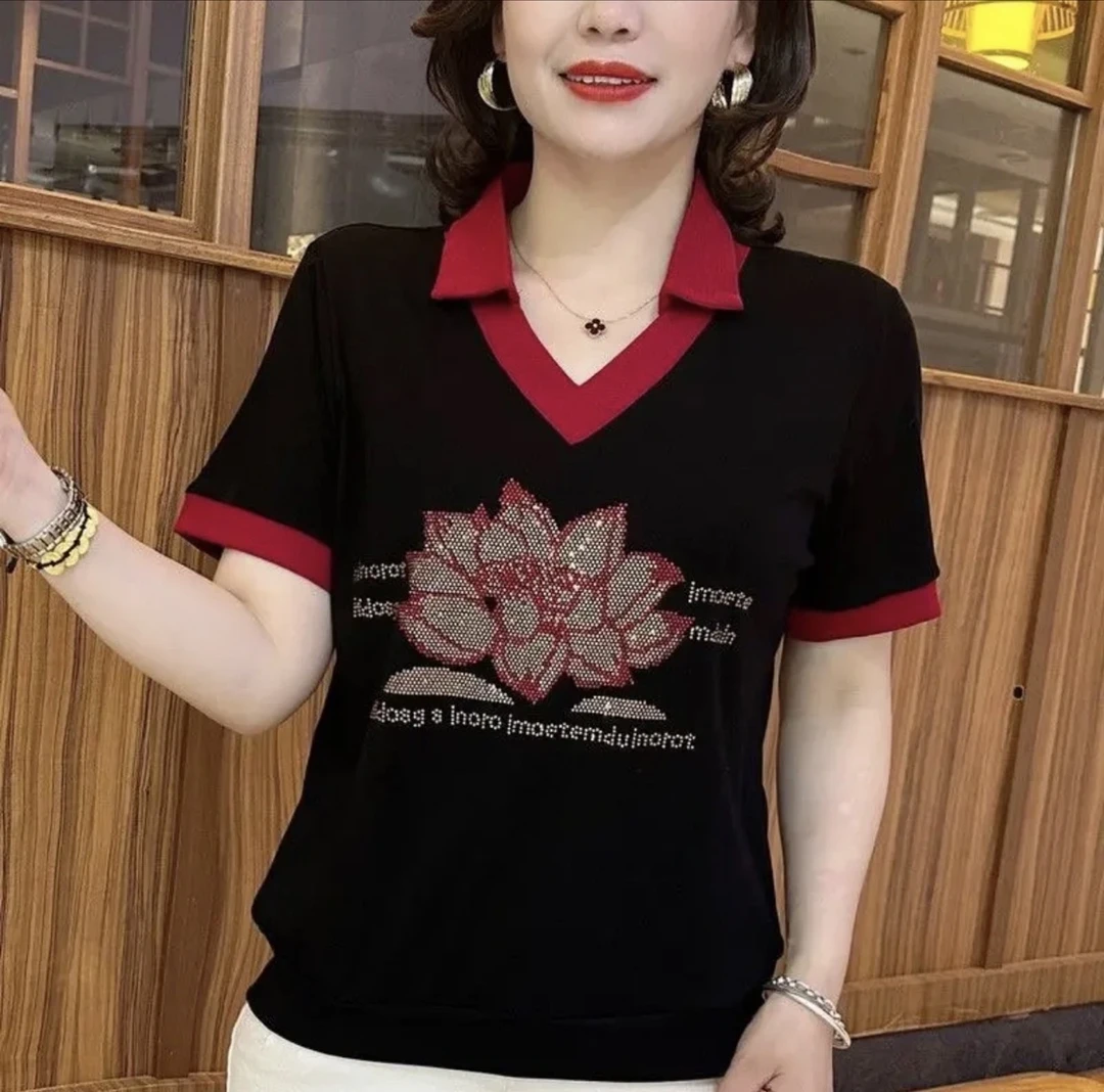 夏季短袖休闲洋气时尚妈妈领烫显瘦宽松搭T恤减龄上衣新款女装