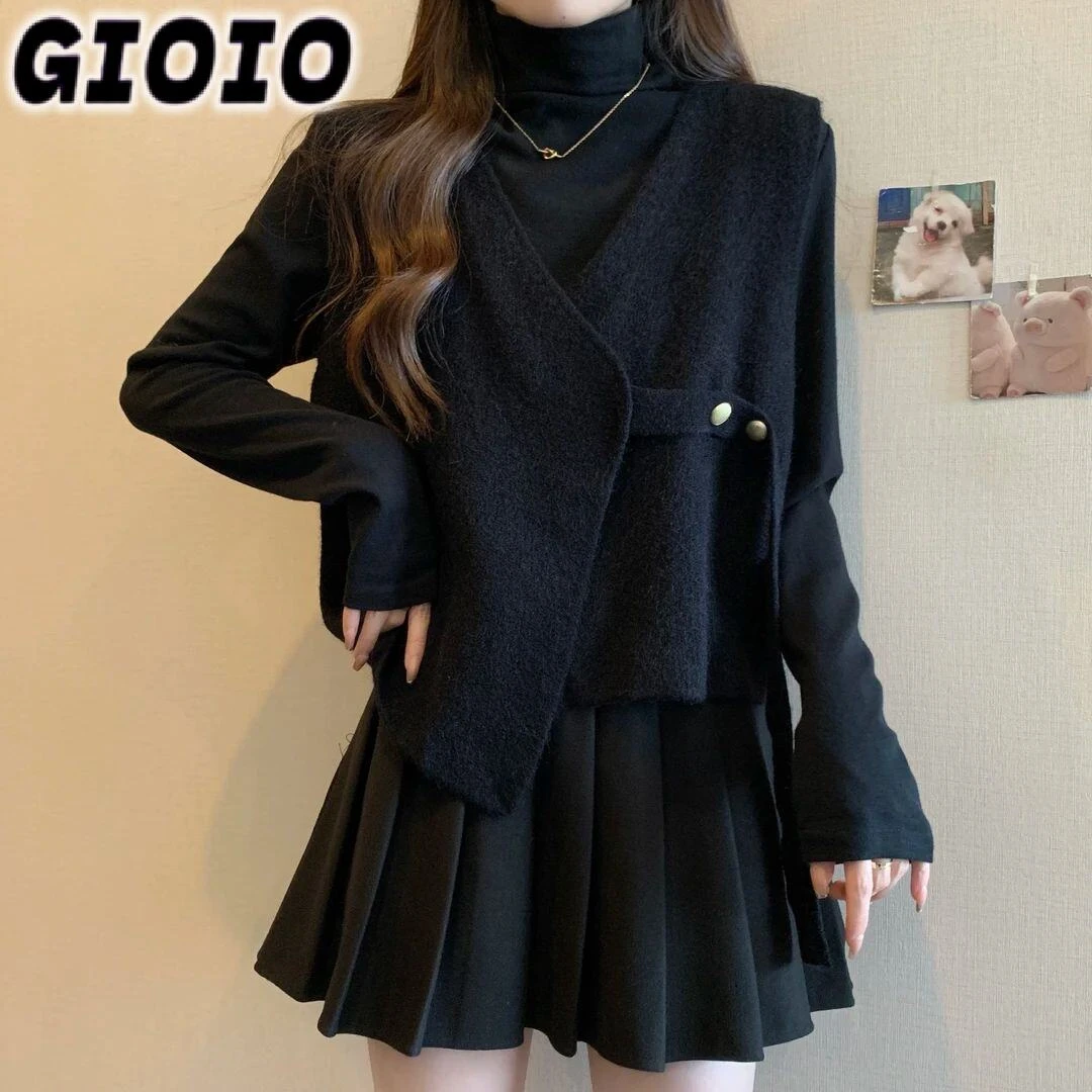 GIOIOT恤上衣开衫马甲百搭毛衣大码胖mm两件套设计感女打底衫韩版