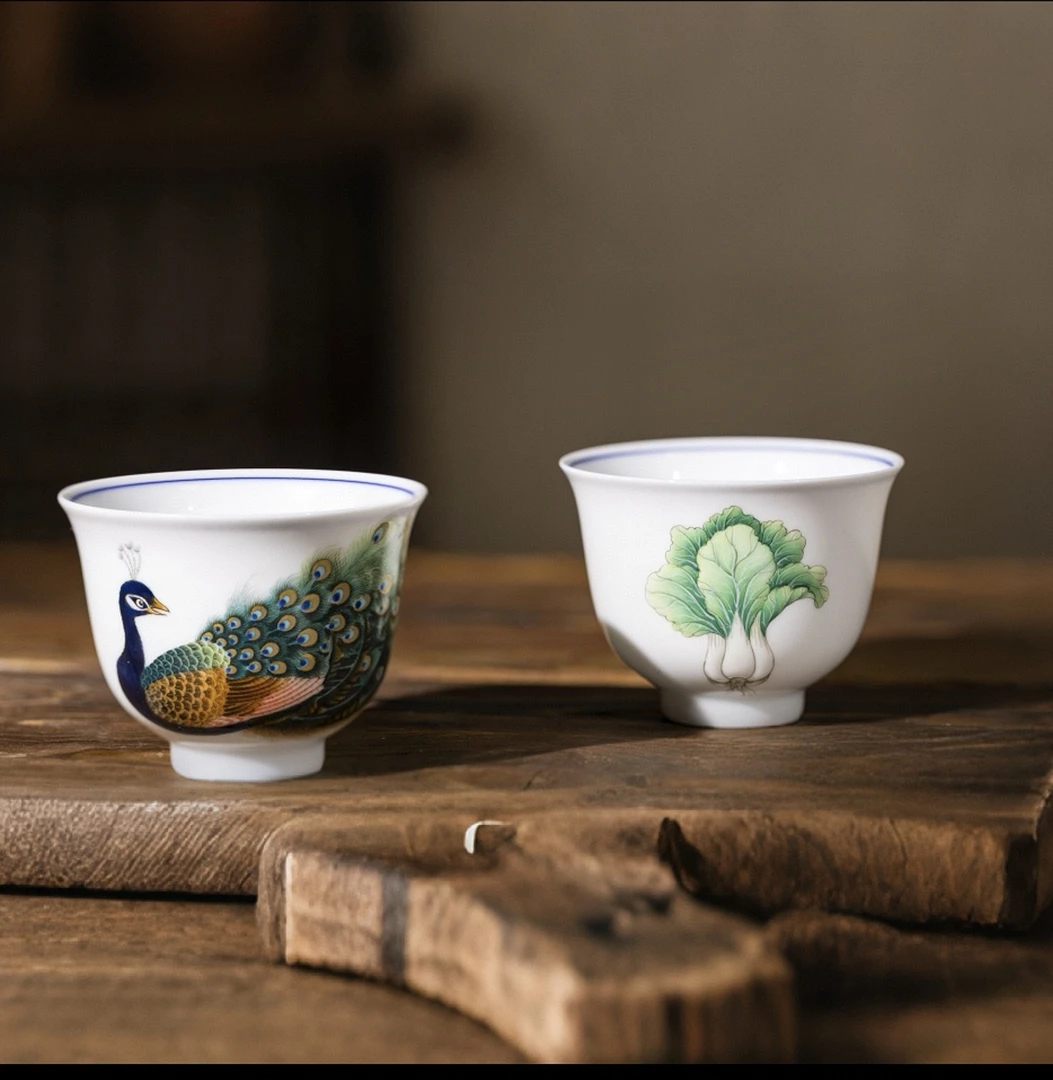 [安源茶行]今大福孔雀白菜杯 陶瓷茶具 主人杯 手工茶杯 手绘茶杯