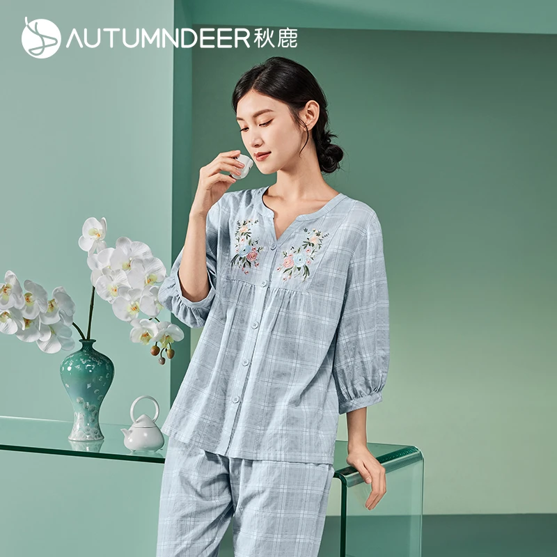 秋鹿睡衣梭织古典刺绣优雅提花格圆领七分袖九分裤女士春夏家居服