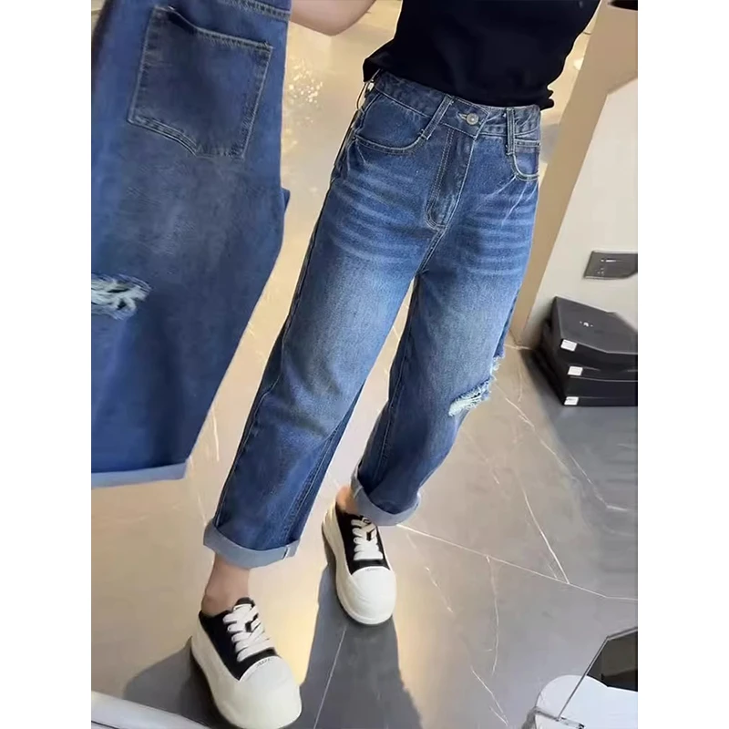 梦茹萱秋季新款直筒破洞牛仔裤子女款胖mm显瘦高腰宽松阔腿法棍裤