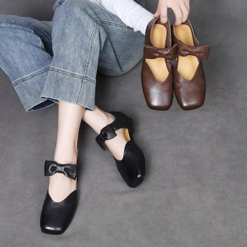 2025春夏季皮复古方头女鞋蝴蝶结低跟鞋头层牛皮软底浅口单鞋子