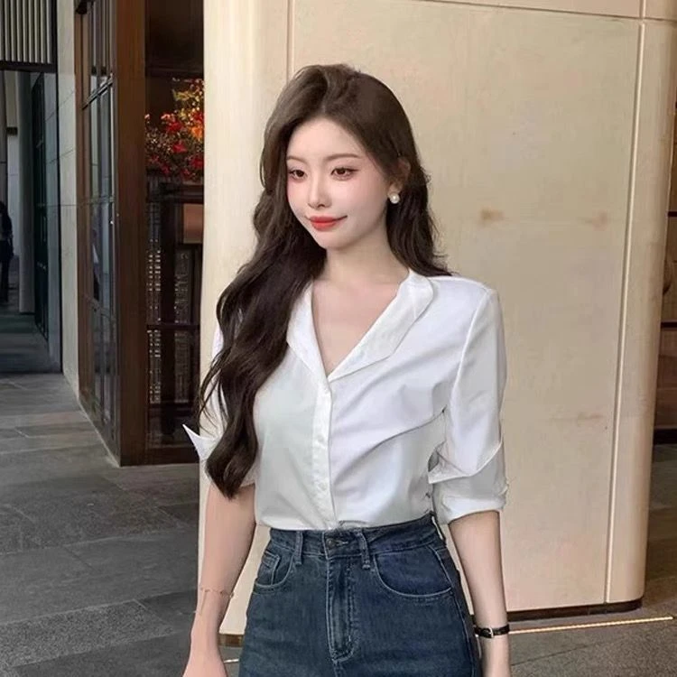气质高档白色衬衫女休闲职业上衣穿搭春秋V领款