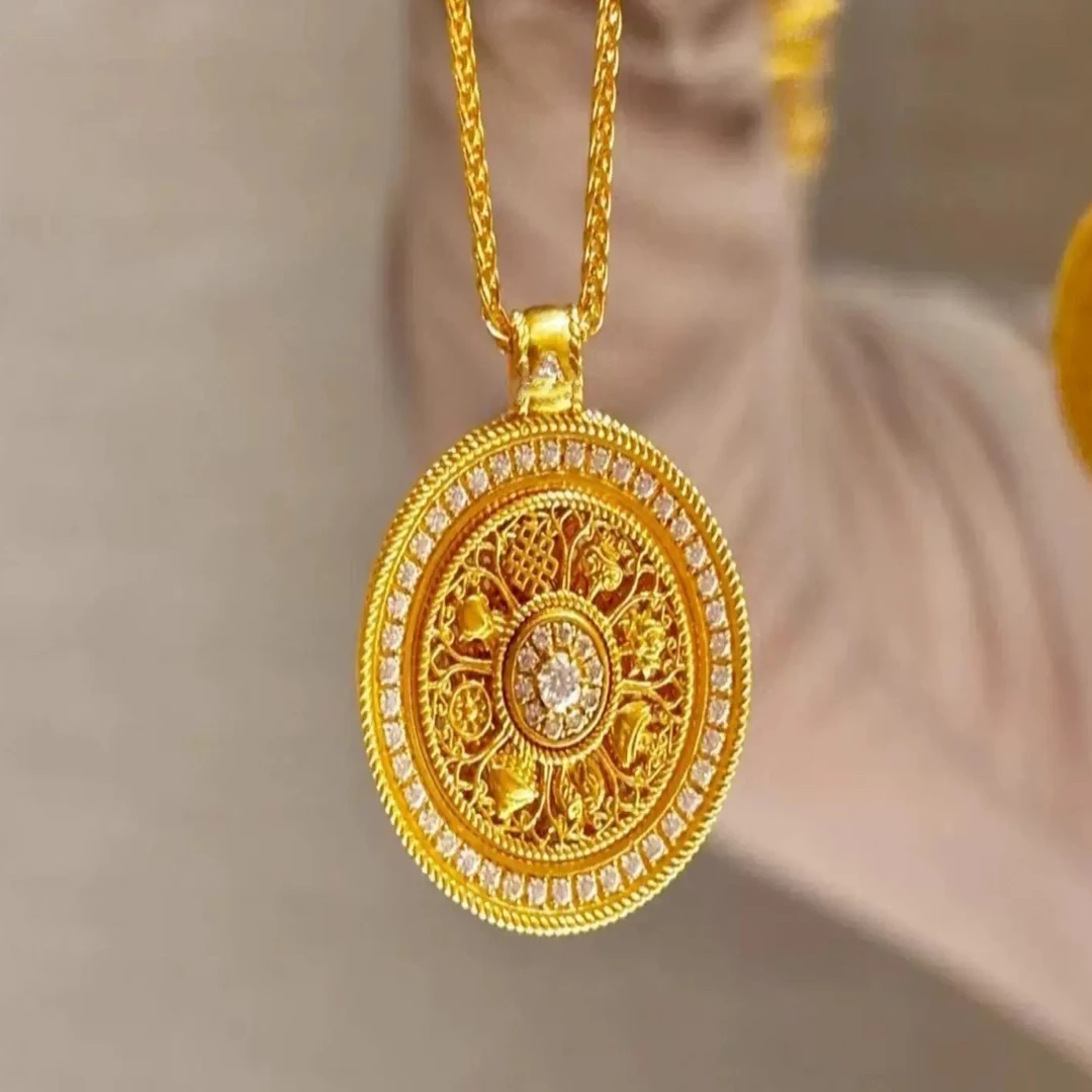 坠链均足银 足银项链   【旋转圆盘镂空八宝罗盘项链1156】