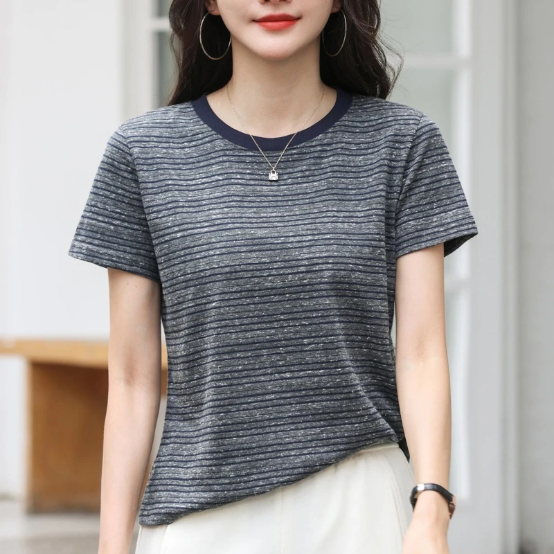 气质条纹短袖T恤女2025夏季新款圆领宽松显瘦遮肚洋气休闲上衣潮