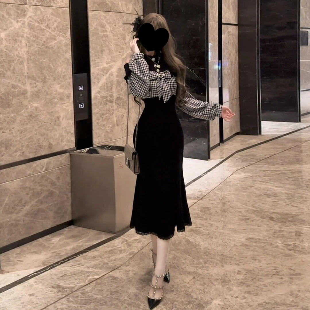 法式气质富家千金感黑色连衣裙子女秋冬2025新款修身收腰包臀长裙