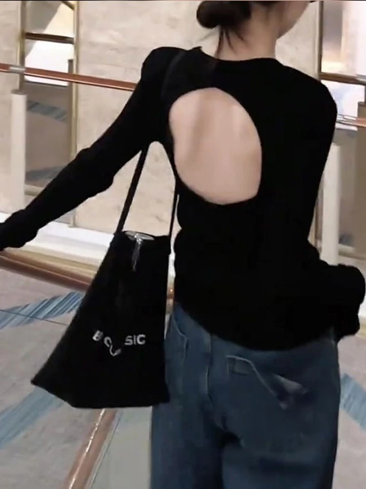 韩版辣妹风圆领露后背设计长袖女2025年秋季新款显瘦超好看上衣女