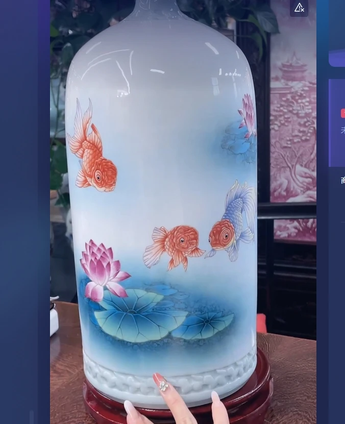 景德镇陶瓷供应链粉彩荷花金鱼陶瓷赏瓶58y