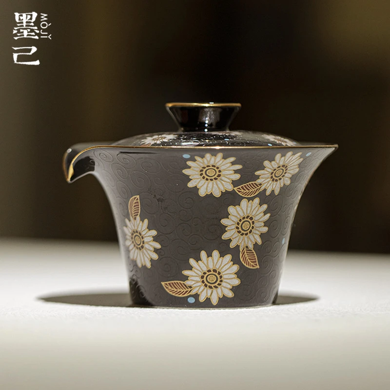 墨己堆料向阳花开马蹄手抓碗功夫茶具家用描金茶壶泡茶仿烫手抓壶