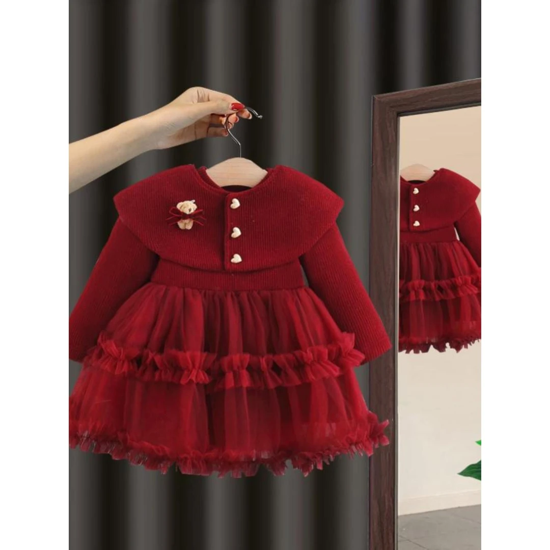 范哲萨女孩服装秋冬宝宝新天鹅绒宝宝儿童生日一岁红裙公主裙