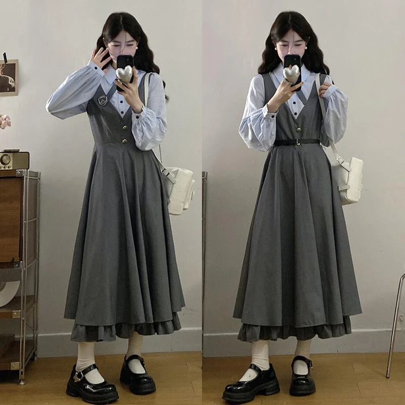 大码【寂静回廊】秋季学院风减龄撞色衬衫长裙假两件收腰西装连衣裙
