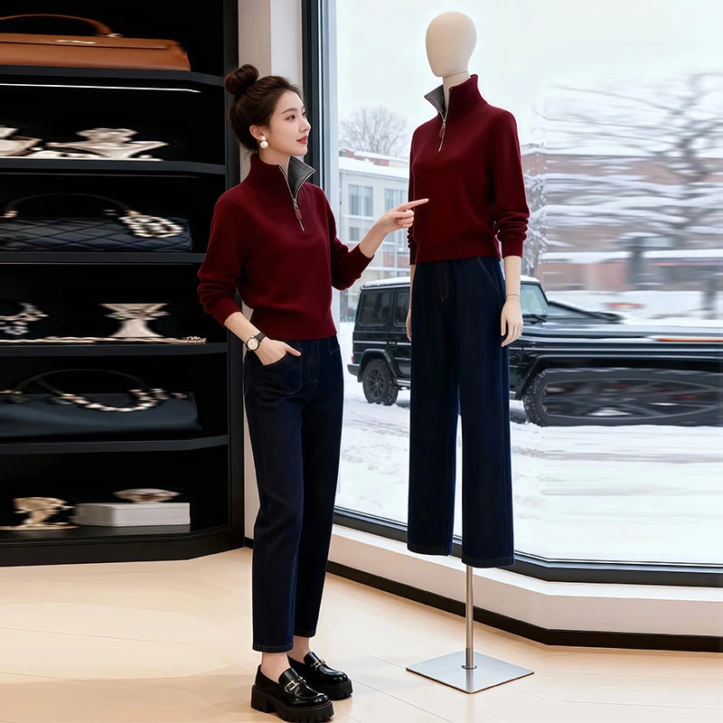 兹伊翰【红色流年】本命年红针织衫女士2025秋冬新款半拉链气质毛衣