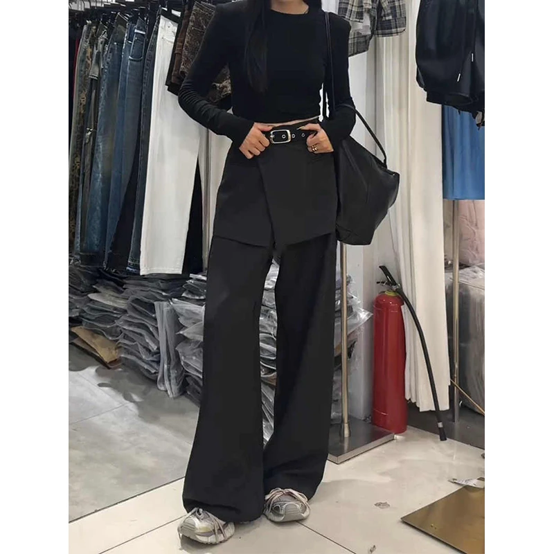 2025春季新款美式辣妹假两件黑色西装裤子女设计感叠穿裙裤休闲裤