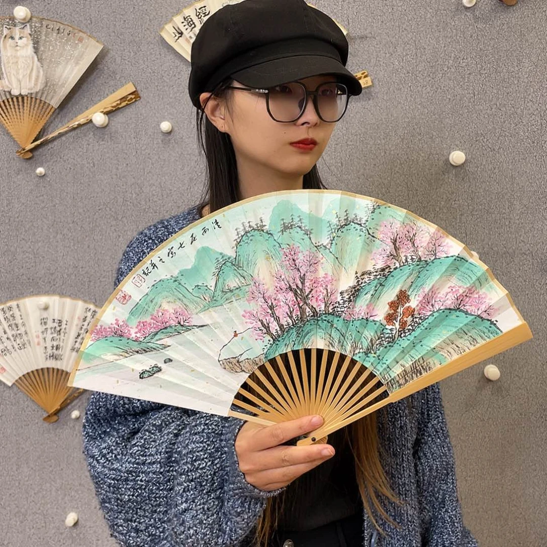 国画8寸玉竹-纯手绘-文玩扇骨（默认粘好）