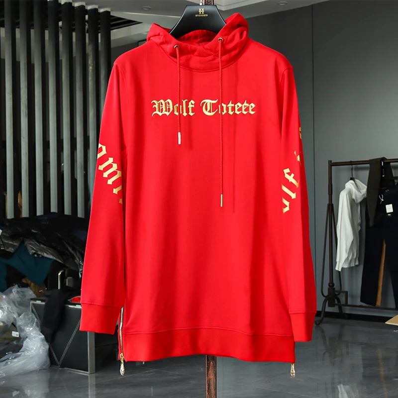 春秋冬款男士卫衣尾单 时尚潮流连帽刺绣百搭红色上衣2023