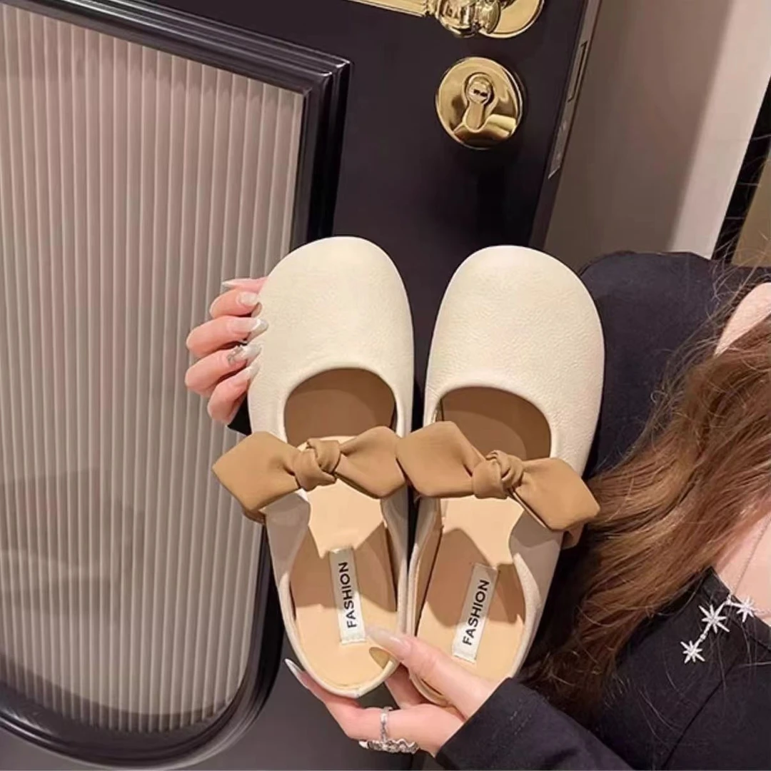 半托鞋女2025新款春夏季外穿仙女风软平底包头单鞋法式蝴蝶结凉拖
