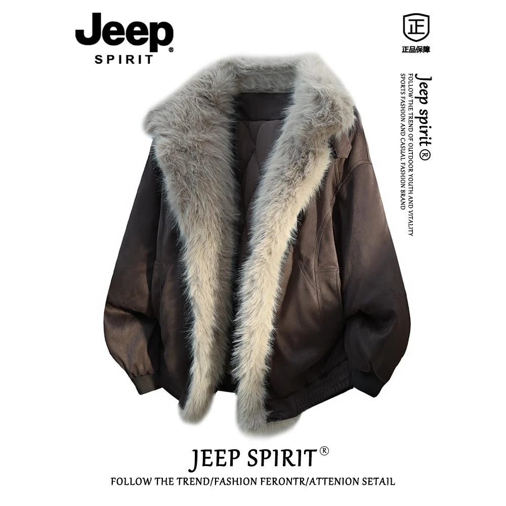 JEEP SPIRIT复古座山雕加厚棉服男款宽松休闲高级感毛领加绒棉衣