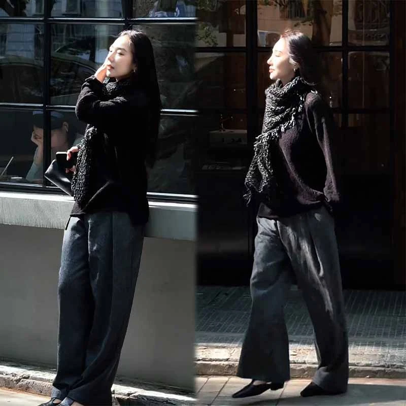 2025秋季新款设计感时尚百搭长袖圆领上衣女搭配休闲阔腿裤两件套