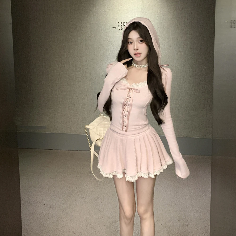 法式甜美独特好看纯欲风甜美蕾丝针织上衣帽衫女百褶裙两件套