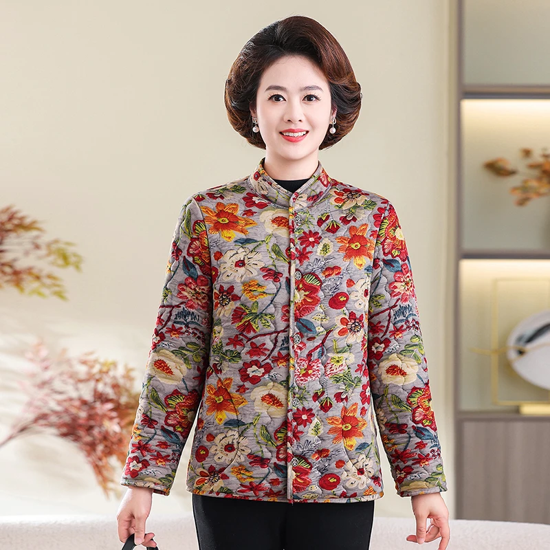 妈妈装加厚加绒保暖上衣中老年女装厚款外套立领碎花小棉衣短款