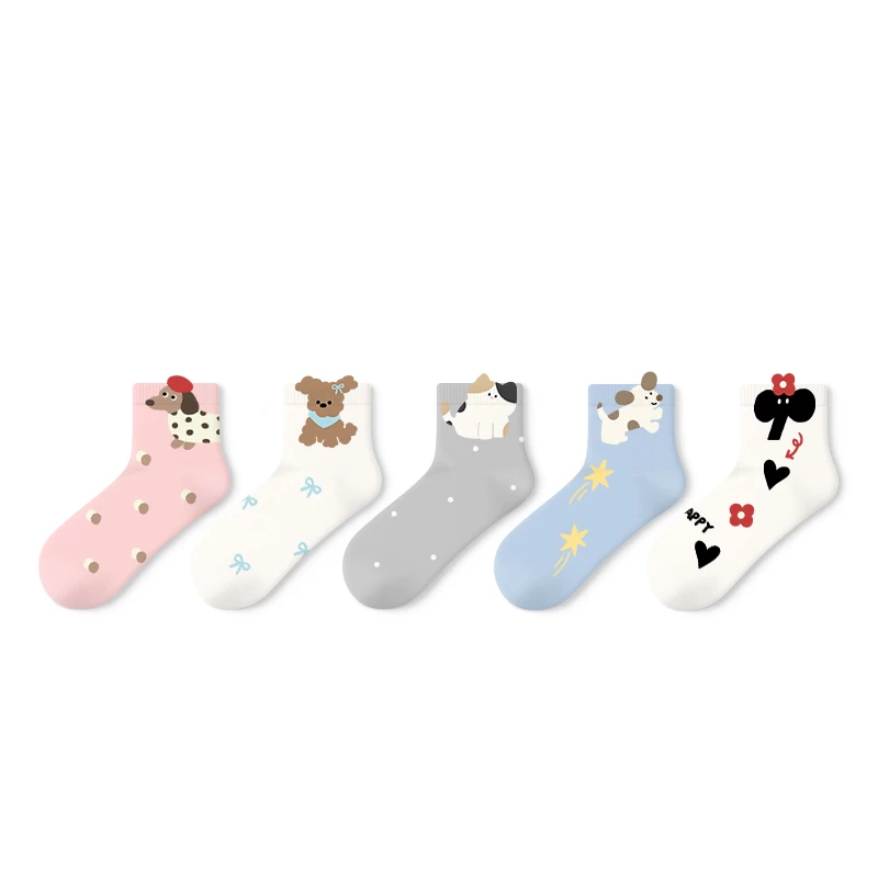 primeet/派米中筒袜女春秋纯棉波点可爱动物女袜运动春秋袜