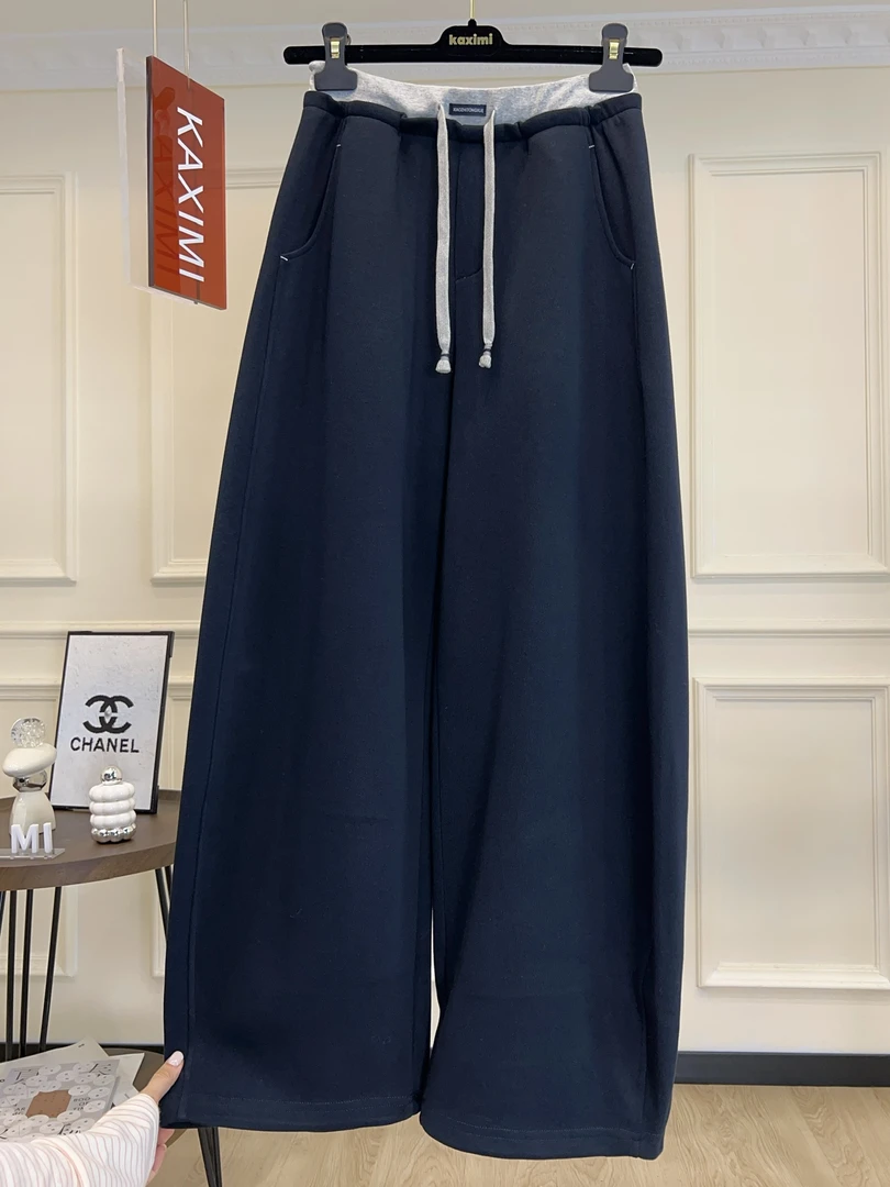 高端欧货秋季新款时尚洋气拼接抽绳松紧高腰显瘦垂感阔腿休闲裤女