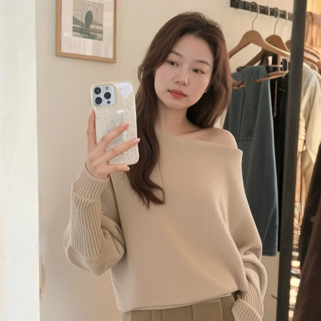 卡其色心机纯欲风一字肩露肩打底衫女秋季感慵懒毛衣内搭秋冬上衣