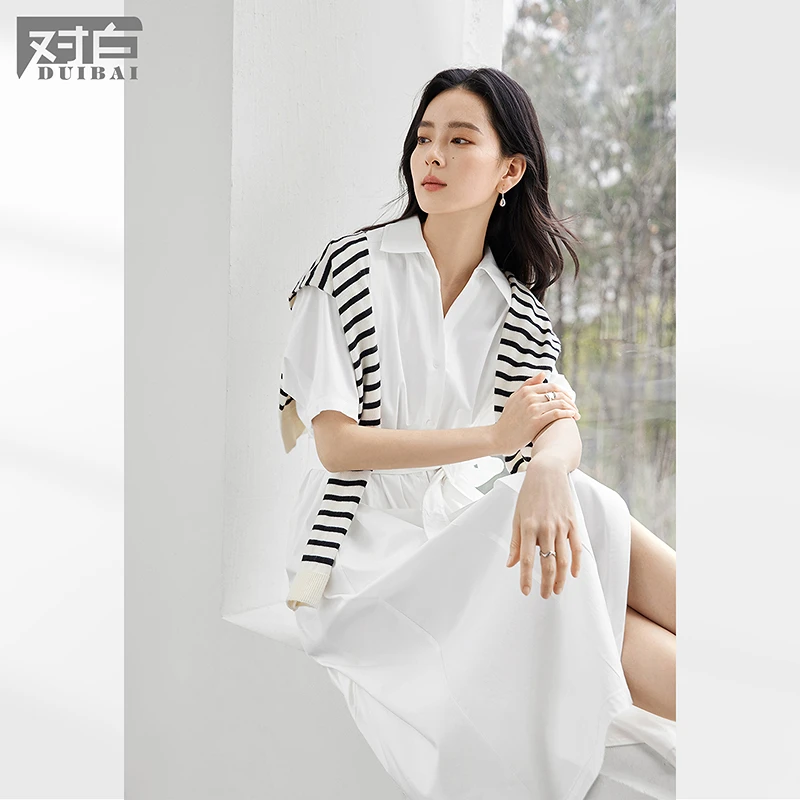 对白法式V领衬衫式连衣裙女2025夏新款高级感气质显瘦流行小白裙