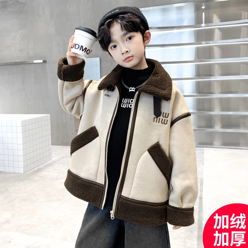 儿童装男童加绒加厚外套2025秋冬新款皮毛一体皮衣冬季大童男孩潮