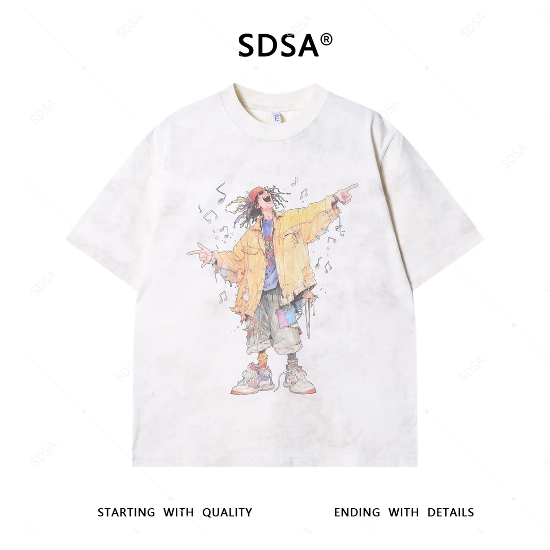 T1041潮流人物设计印花短袖百搭男士T恤潮流宽松上衣复古圆领短袖