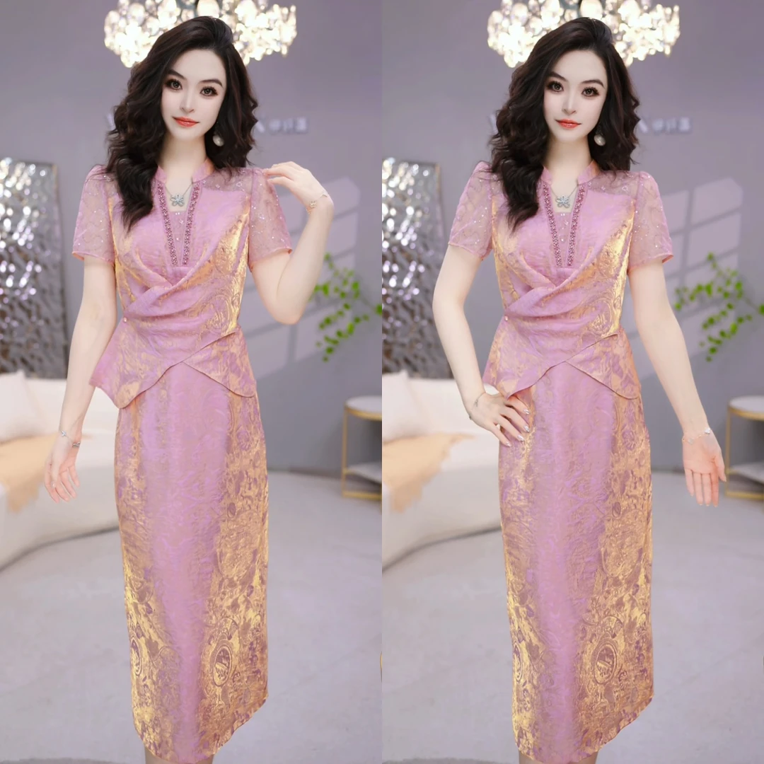 上衣+半身裙 2025夏季洋气粉色时尚气质收腰显瘦法式套装裙M-4XL