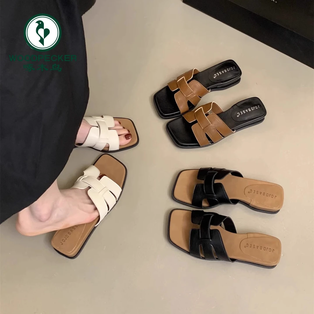 啄木鸟法式拖鞋女夏外穿2025新款复古百搭小个子厚底一字凉拖鞋