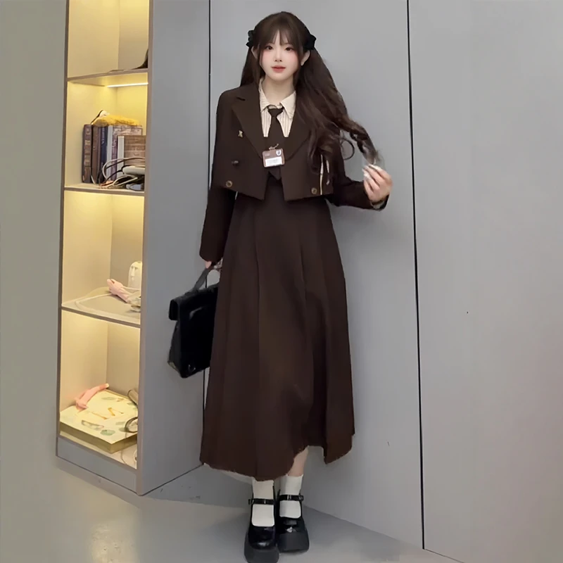 大码女装胖MM韩版学院风假两件连衣裙+外套2025冬季时尚百搭套装