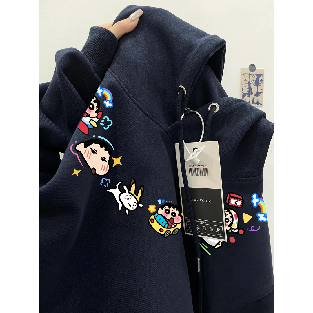 美式潮牌蜡笔小新印花宽松连帽卫衣男女秋冬季百搭休闲情侣款上衣